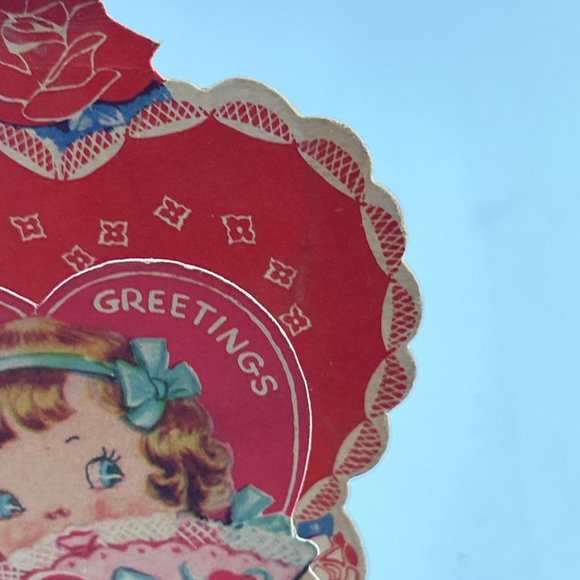 Vintage Pull Down Valentine Card Girl Fan Folding Flowers Roses USA Ephemera - Picture 7 of 13